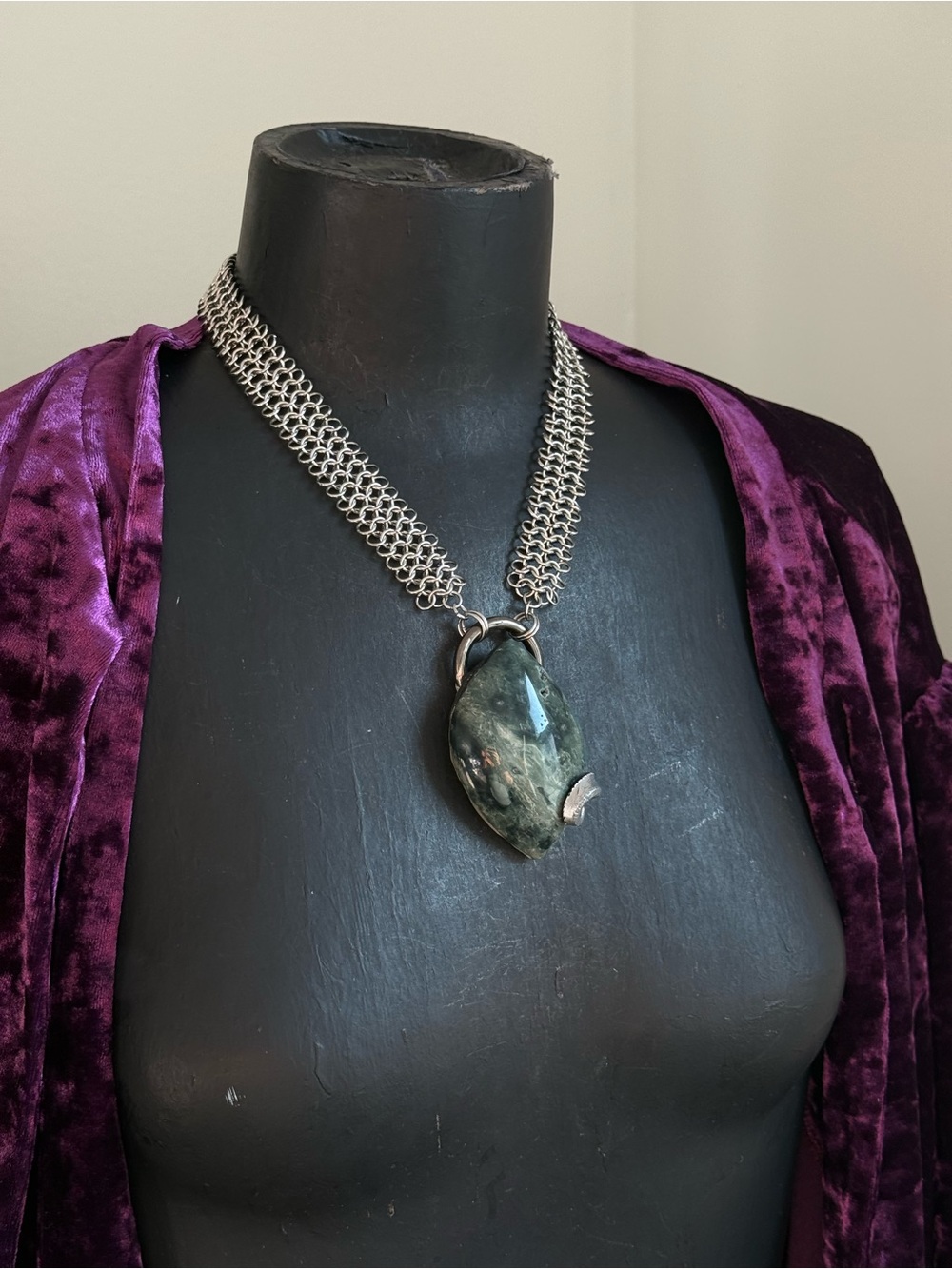 Blue ocean Jasper pendant necklace chainmaille jewelry statement necklace boho